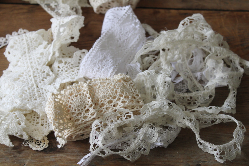 photo of 20th century vintage lace edgings lot, antique cotton eyelet, ruffled trims 90s prairie girl style #3