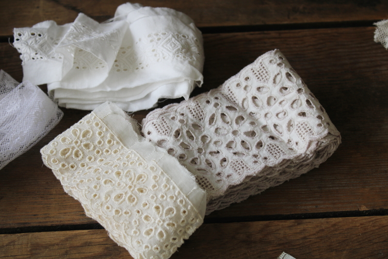 photo of 20th century vintage lace edgings lot, antique cotton eyelet, ruffled trims 90s prairie girl style #9