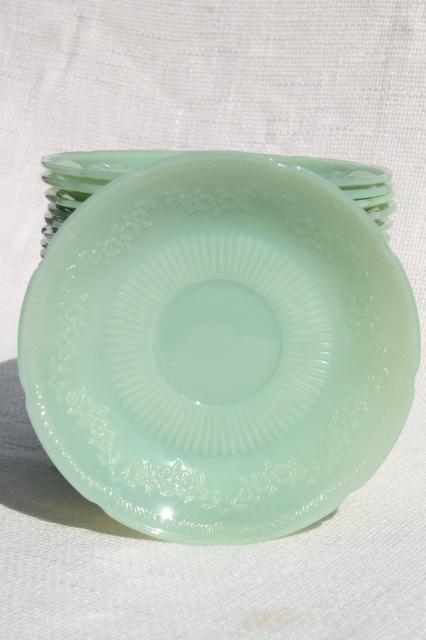 photo of 22 vintage jadite glass saucer plates, Alice floral border Fire King jadeite #3