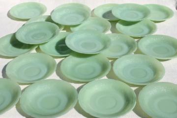 catalog photo of 22 vintage jadite glass saucer plates, Alice floral border Fire King jadeite