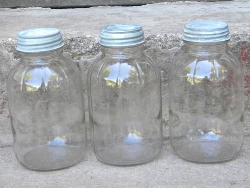 photo of 3 vintage glass jars w/metal lids for kitchen storage, pickles, fruit etc. #1