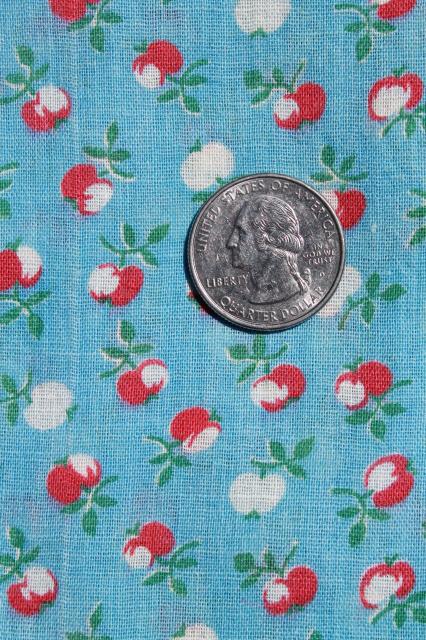 photo of 3 yards unused vintage cotton feedsack fabric, little red apples on sky blue #1