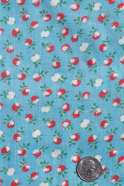 photo of 3 yards unused vintage cotton feedsack fabric, little red apples on sky blue #2