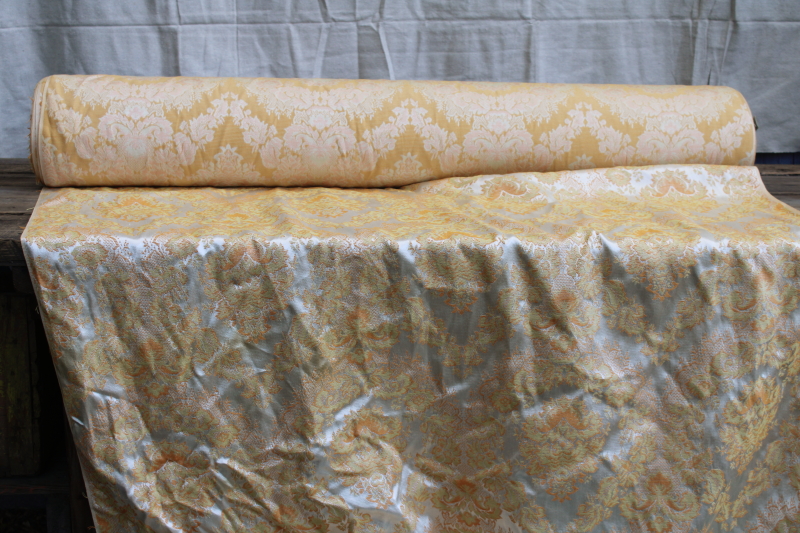 photo of 30 YARDS vintage brocade fabric upholstery or drapery material full roll, warm gold w/ ivory satin  #1