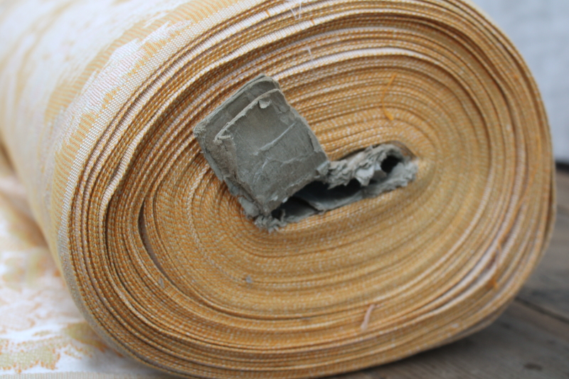 photo of 30 YARDS vintage brocade fabric upholstery or drapery material full roll, warm gold w/ ivory satin #11