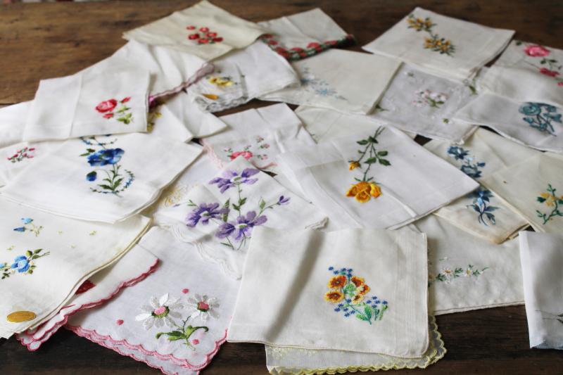 photo of 30 vintage hankies, lot embroidered sheer cotton handkerchiefs Swiss embroidery #1