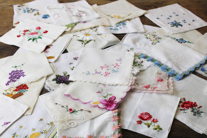 photo of 30 vintage hankies, lot embroidered sheer cotton handkerchiefs Swiss embroidery #1