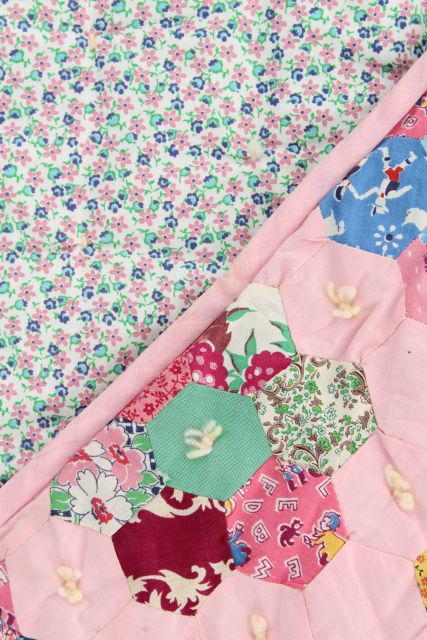 photo of 30s 40s vintage Grandma's flower garden quilt, cotton print fabric hexies on pink #3