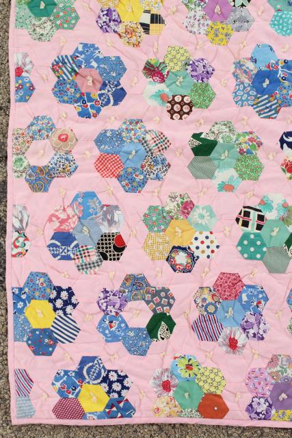 photo of 30s 40s vintage Grandma's flower garden quilt, cotton print fabric hexies on pink #4