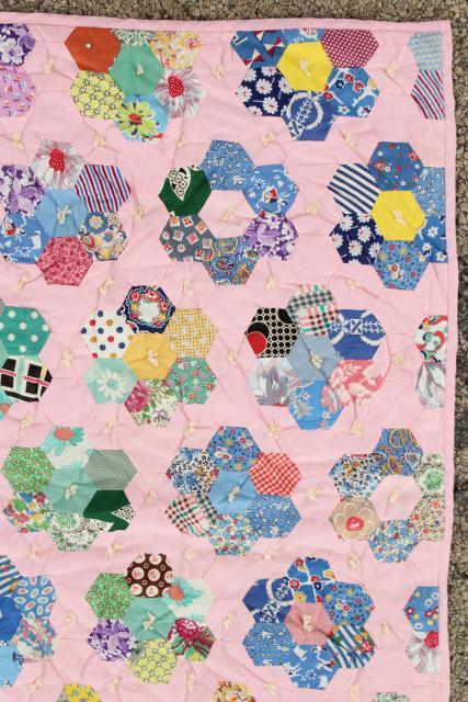 photo of 30s 40s vintage Grandma's flower garden quilt, cotton print fabric hexies on pink #5