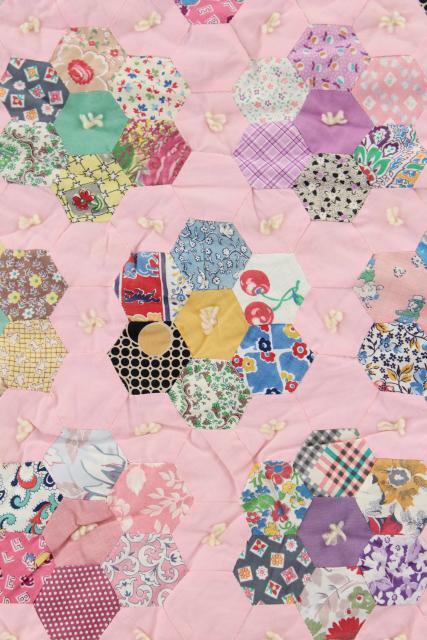 photo of 30s 40s vintage Grandma's flower garden quilt, cotton print fabric hexies on pink #6