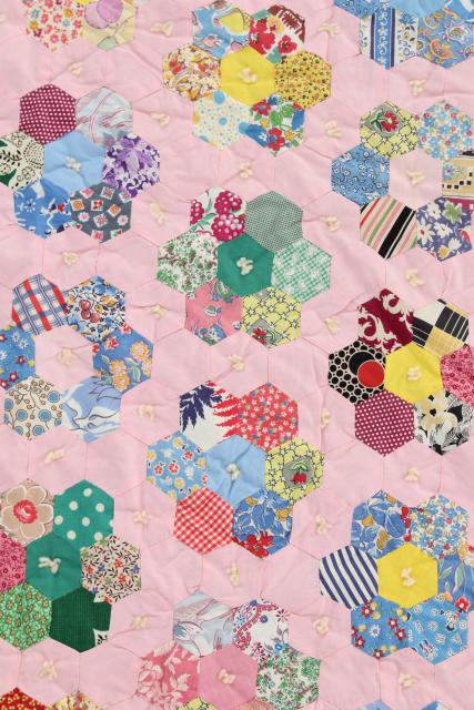 photo of 30s 40s vintage Grandma's flower garden quilt, cotton print fabric hexies on pink #8