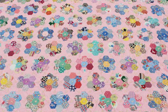 photo of 30s 40s vintage Grandma's flower garden quilt, cotton print fabric hexies on pink #10