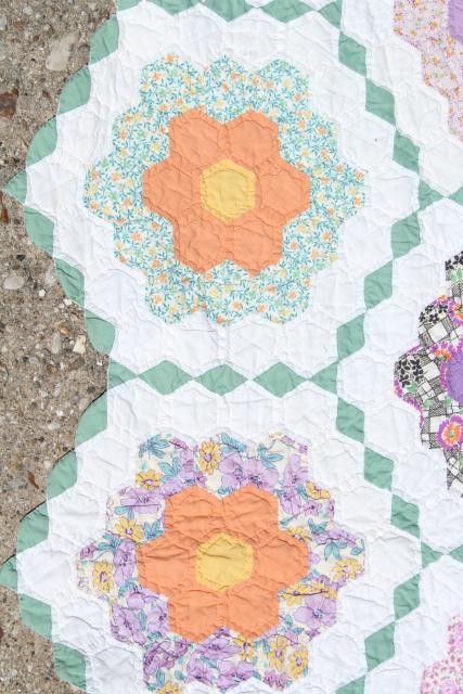 photo of 30s 40s vintage Grandma's flower garden quilt, cotton print fabric hexies on pink #12