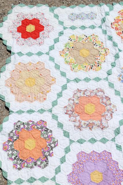 photo of 30s 40s vintage Grandma's flower garden quilt, cotton print fabric hexies on pink #14