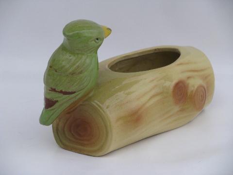 photo of 30s 40s vintage art pottery planter, handpainted parrot bird on tree log #2