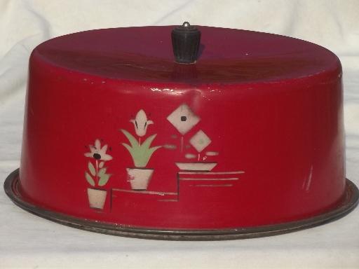 photo of 30s 40s vintage cake cover, painted metal cake keeper dome & tin plate #1