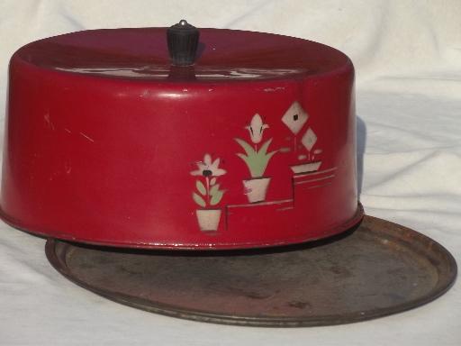 photo of 30s 40s vintage cake cover, painted metal cake keeper dome & tin plate #2