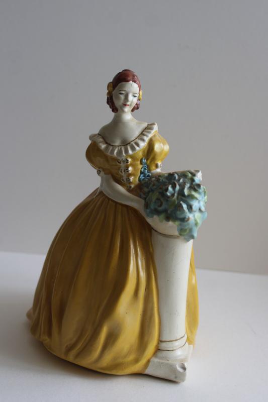 photo of 30s 40s vintage chalkware lady figurine, Royal Doulton style girl hand painted plaster #1