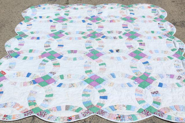 photo of 30s 40s vintage double wedding ring quilt, hand stitched cotton print fabric patchwork  #1