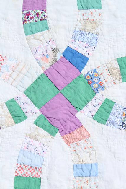 photo of 30s 40s vintage double wedding ring quilt, hand stitched cotton print fabric patchwork  #2