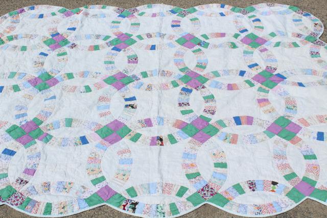 photo of 30s 40s vintage double wedding ring quilt, hand stitched cotton print fabric patchwork  #6