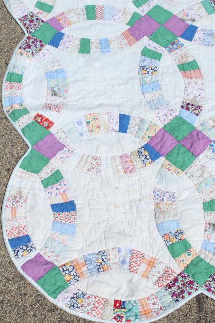 photo of 30s 40s vintage double wedding ring quilt, hand stitched cotton print fabric patchwork  #8