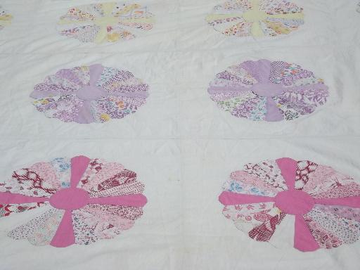 photo of 30s 40s vintage dresden plate pieced patchwork quilt top, cotton prints #3