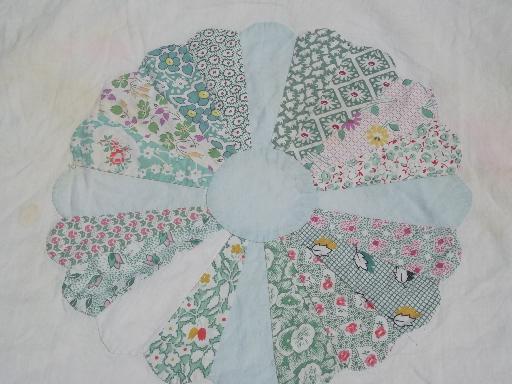 photo of 30s 40s vintage dresden plate pieced patchwork quilt top, cotton prints #6