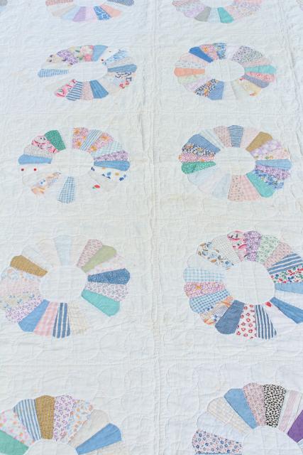 photo of 30s 40s vintage hand stitched Dresden plate quilt, cotton print fabric patchwork #11