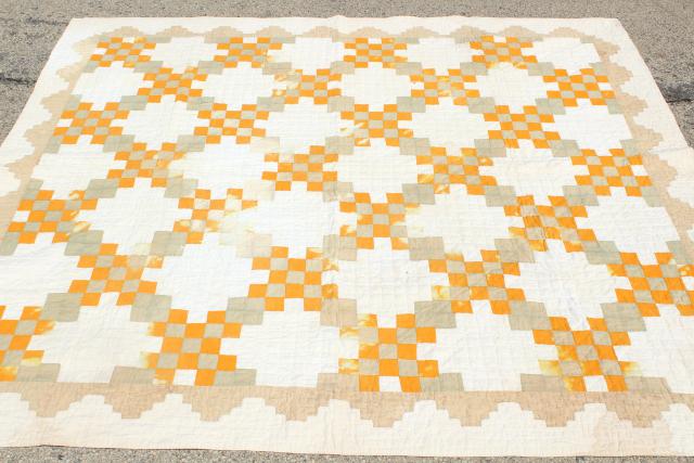 photo of 30s 40s vintage hand stitched patchwork quilt, mustard gold & faded sage #1