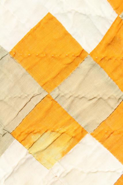 photo of 30s 40s vintage hand stitched patchwork quilt, mustard gold & faded sage #3