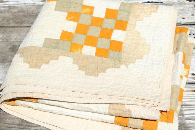 photo of 30s 40s vintage hand stitched patchwork quilt, mustard gold & faded sage #7