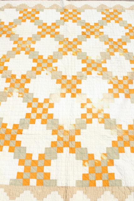 photo of 30s 40s vintage hand stitched patchwork quilt, mustard gold & faded sage #8