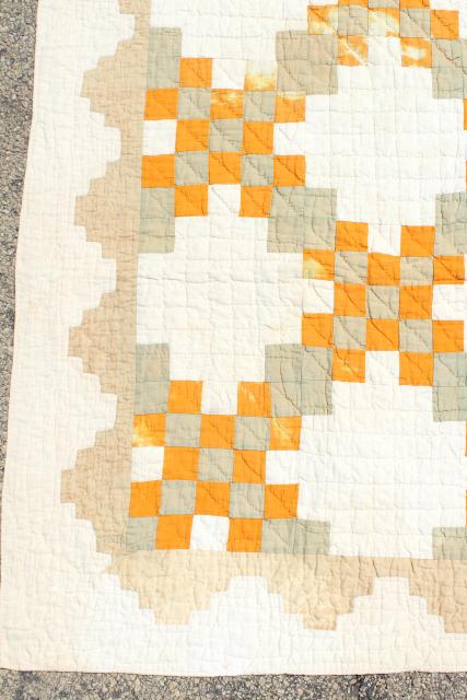 photo of 30s 40s vintage hand stitched patchwork quilt, mustard gold & faded sage #11