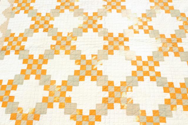 photo of 30s 40s vintage hand stitched patchwork quilt, mustard gold & faded sage #12