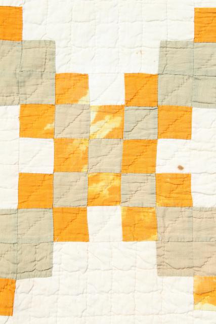 photo of 30s 40s vintage hand stitched patchwork quilt, mustard gold & faded sage #13