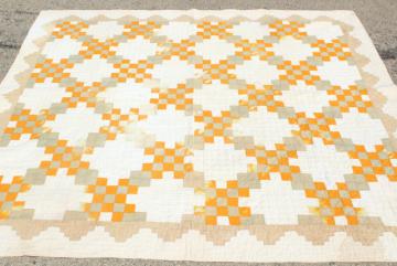 catalog photo of 30s 40s vintage hand stitched patchwork quilt, mustard gold & faded sage