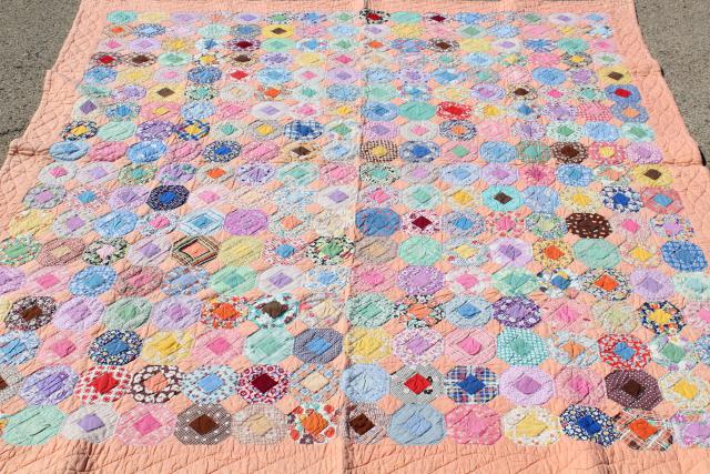 photo of 30s 40s vintage hand stitched quilt, cotton print fabric flower garden patchwork  #1