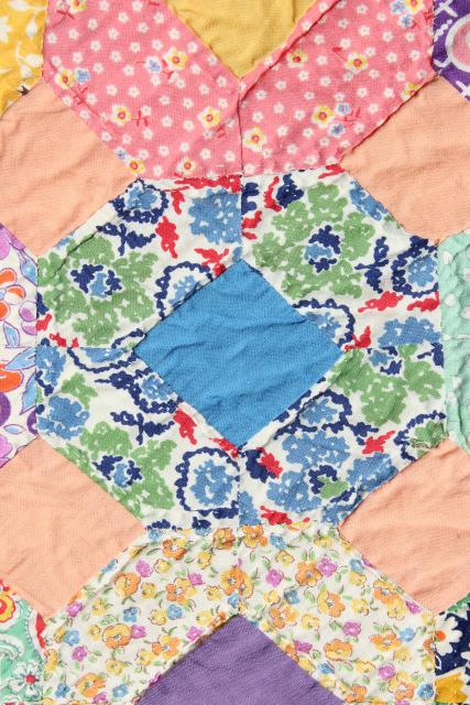 photo of 30s 40s vintage hand stitched quilt, cotton print fabric flower garden patchwork  #2