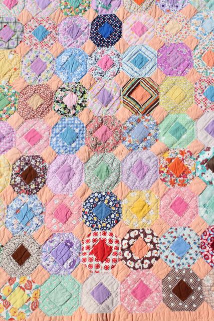 photo of 30s 40s vintage hand stitched quilt, cotton print fabric flower garden patchwork  #4