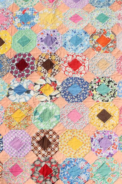 photo of 30s 40s vintage hand stitched quilt, cotton print fabric flower garden patchwork  #9