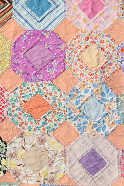 photo of 30s 40s vintage hand stitched quilt, cotton print fabric flower garden patchwork  #10