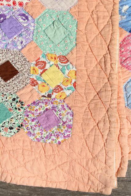 photo of 30s 40s vintage hand stitched quilt, cotton print fabric flower garden patchwork  #11