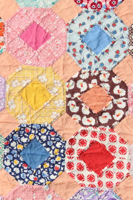 photo of 30s 40s vintage hand stitched quilt, cotton print fabric flower garden patchwork  #13