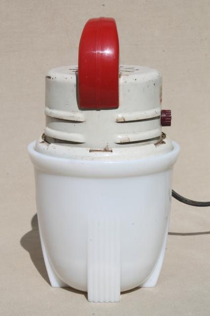 photo of 30s 40s vintage milk glass beater jar w/ red handled Knapp Monarch electric mixer #5