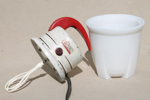 photo of 30s 40s vintage milk glass beater jar w/ red handled Knapp Monarch electric mixer #8