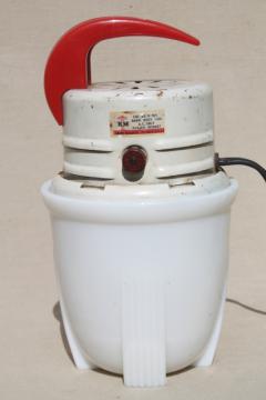 catalog photo of 30s 40s vintage milk glass beater jar w/ red handled Knapp Monarch electric mixer