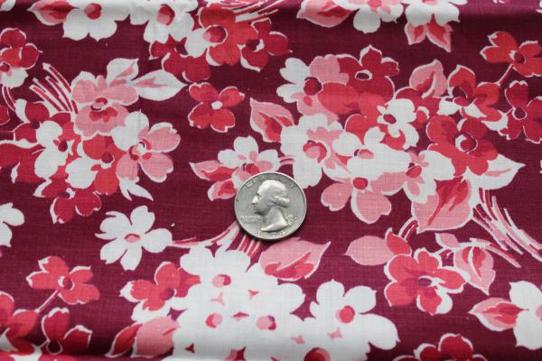 photo of 30s 40s vintage print cotton fabric, maroon w/ barn red & pink flowers #1