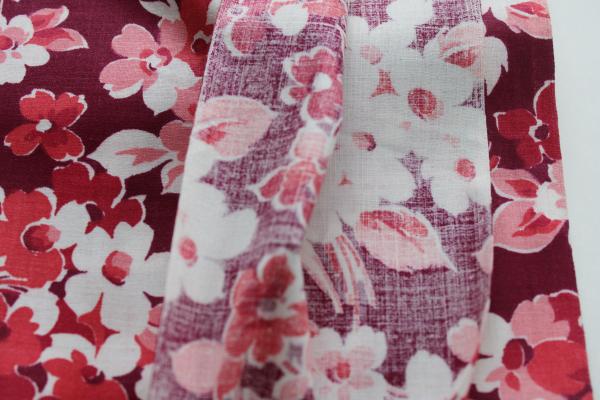 photo of 30s 40s vintage print cotton fabric, maroon w/ barn red & pink flowers #2